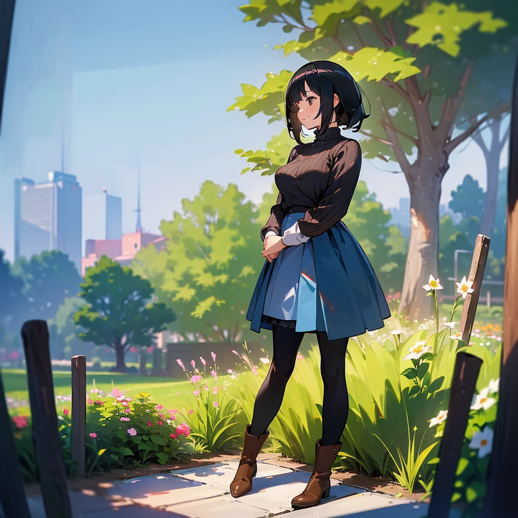 (high quality, High resolution, Very detailed, reality:1.37), Peaceful atmosphere, (Outdoor, garden), age girl standing alone, (my breasts are big.), Beautiful details, Cute Smile, (Black bob hair), Ribbed sweater, Blue Skirt, Black tights, Brown boots.