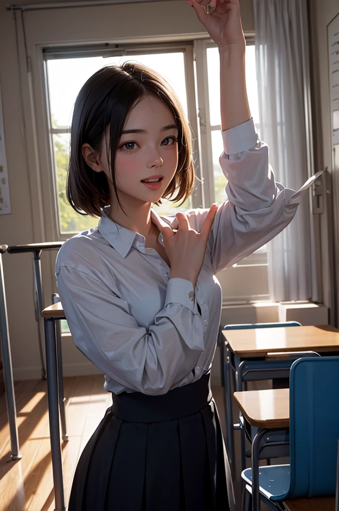 masterpiece, Highest quality, Movie stills, One Girl, high school girl, bright, Happy, fun, Soft lighting, classroom