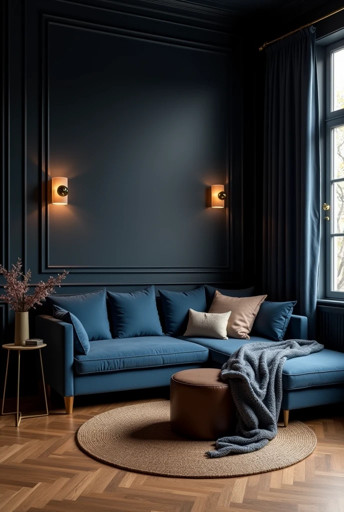 Create a living room with a black wall and brown wooden floor and a navy blue sofa