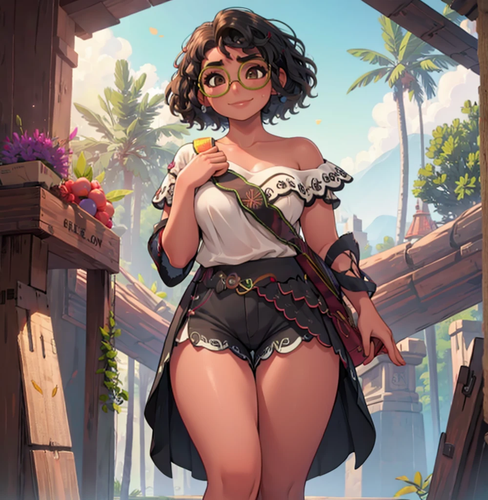 Female, Curvy legs, sexy, solo, cinematic, ilumination, Glasses, small breasts,hands on the back, smile, sweat, short shorts, topless,