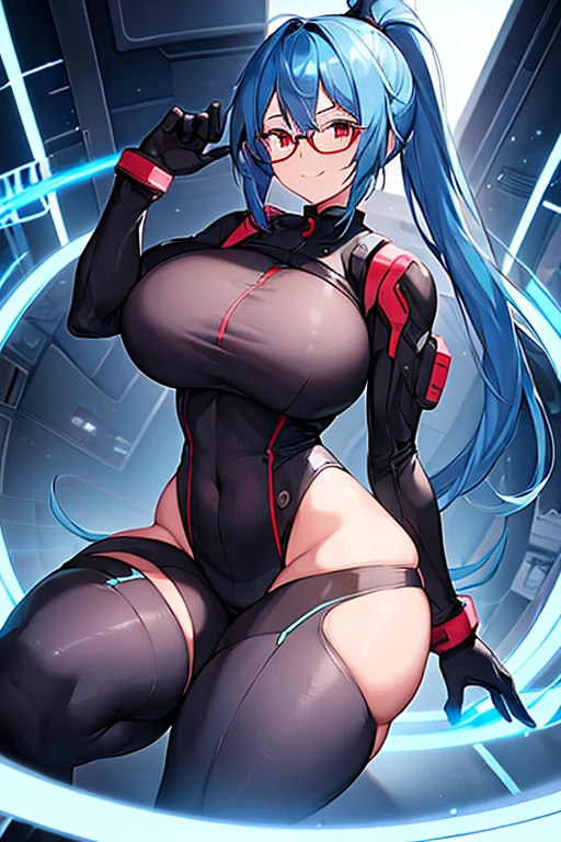 1girl, full body, ponytail, blue hair, black bodysuit, bodysuit, red eyes, large breasts, thick thighs, mature female, hourglass figure, smile, light smile, futuristic, science-fiction, machinery, tech, neon trim, glasses, red glasses