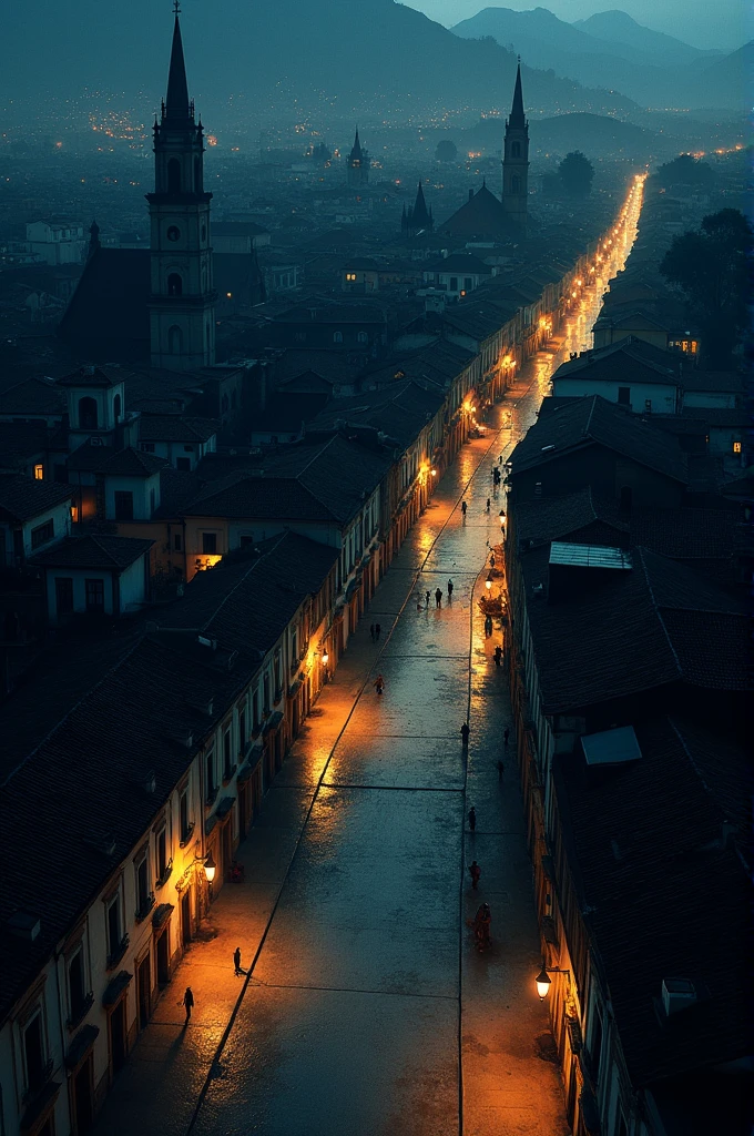 [A view from above of the old city of Bogotá, at night, with elongated shadows.] Create an image for a graphic novel