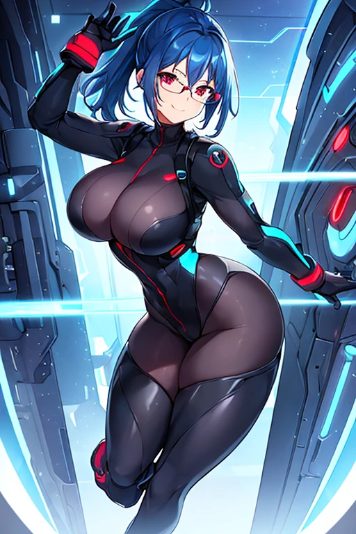 1girl, full body, ponytail, blue hair, black bodysuit, bodysuit, red eyes, large breasts, thick thighs, mature female, hourglass figure, smile, light smile, futuristic, science-fiction, machinery, tech, neon trim, glasses, red glasses