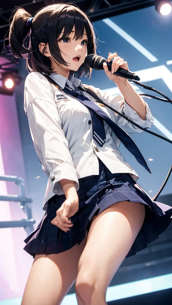 ((日Bookの女子アナ))、Speaking into a microphone、Women's suits、skirt、((Ultra fine)),Highest quality,masterpiece,((1 girl)),((Standing posture)),{{solo}},{{whole body}},((Elegant face)),cute,Shoes on your feet,Hands left and right1Book、