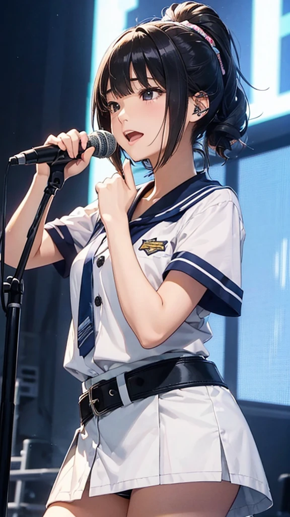 ((日Bookの女子アナ))、Speaking into a microphone、Women's suits、skirt、((Ultra fine)),Highest quality,masterpiece,((1 girl)),((Standing posture)),{{solo}},{{whole body}},((Elegant face)),cute,Shoes on your feet,Hands left and right1Book、
