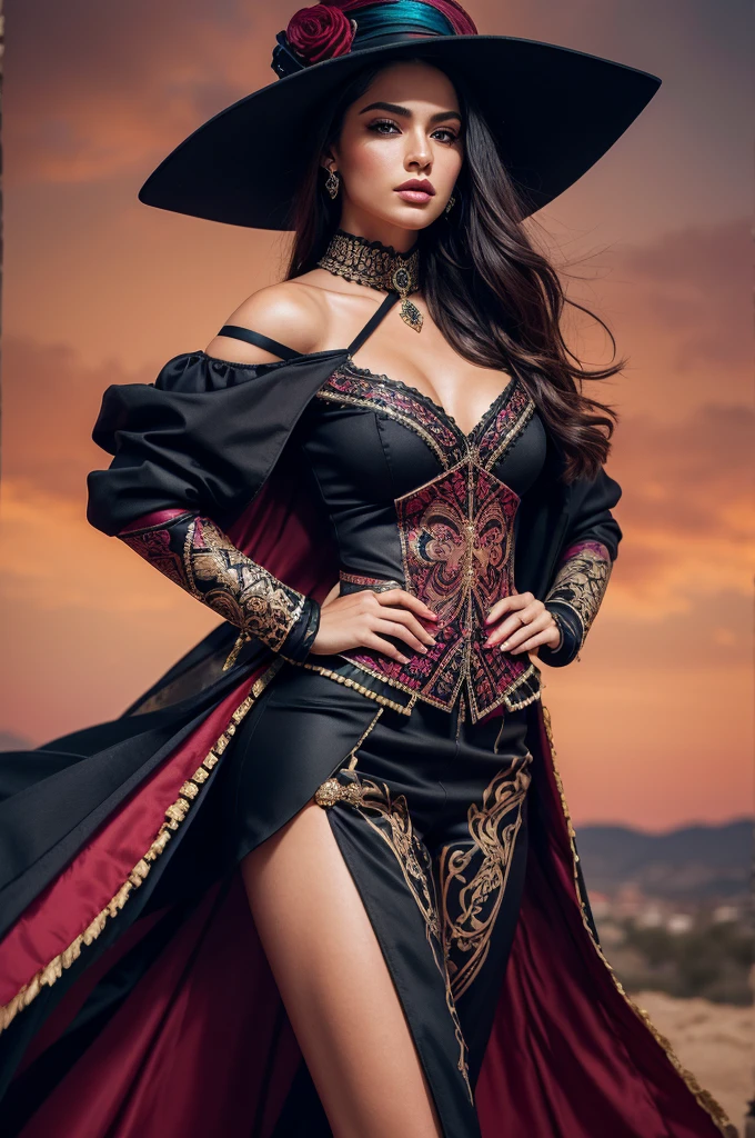 A mesmerizing artwork by Paola Salome, featuring a graceful young girl dressed as a matador. The femme fatale-like figure is adorned with a traditional matador outfit, complete with a beautiful hat, a flowing scarf, and a bold, patterned jacket. The background is a blend of warm, rich colors that contrast with the cool tones of the matador's outfit. The overall atmosphere of the piece is mysterious and alluring, capturing the essence of a bold, confident woman.