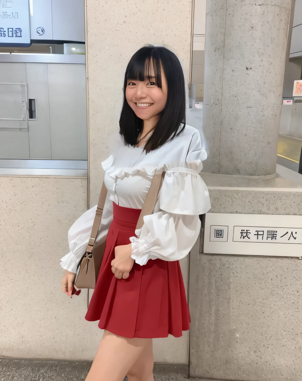Highest quality,Super detailed,A woman looking at the ticket gate at Shibuya Station,Turn slightly to the side and look at me,White blouse with ruffled sleeves,Red mini skirt,Posing for a photo,She is carrying a cute beige backpack.