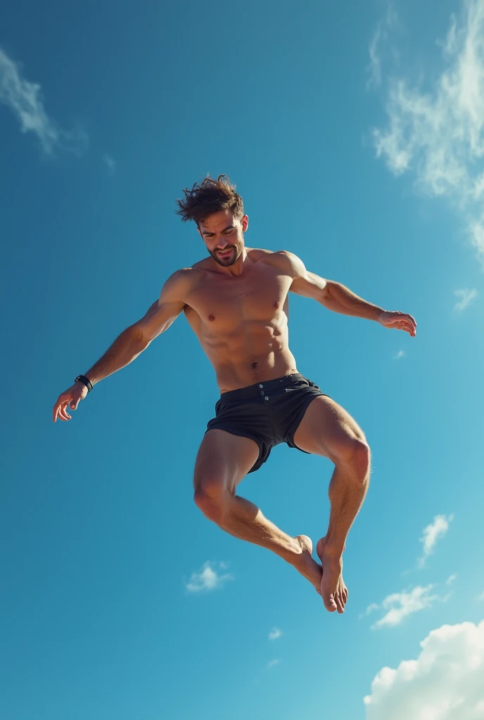 Hot man skydiving naked, without underwear