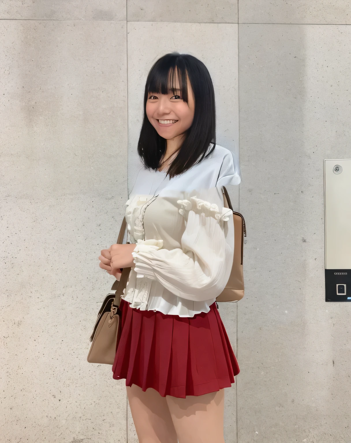 Highest quality,Super detailed,A woman looking at the ticket gate at Shibuya Station,Turn slightly to the side and look at me,White blouse with ruffled sleeves,Red mini skirt,Posing for a photo,She is carrying a cute beige backpack.