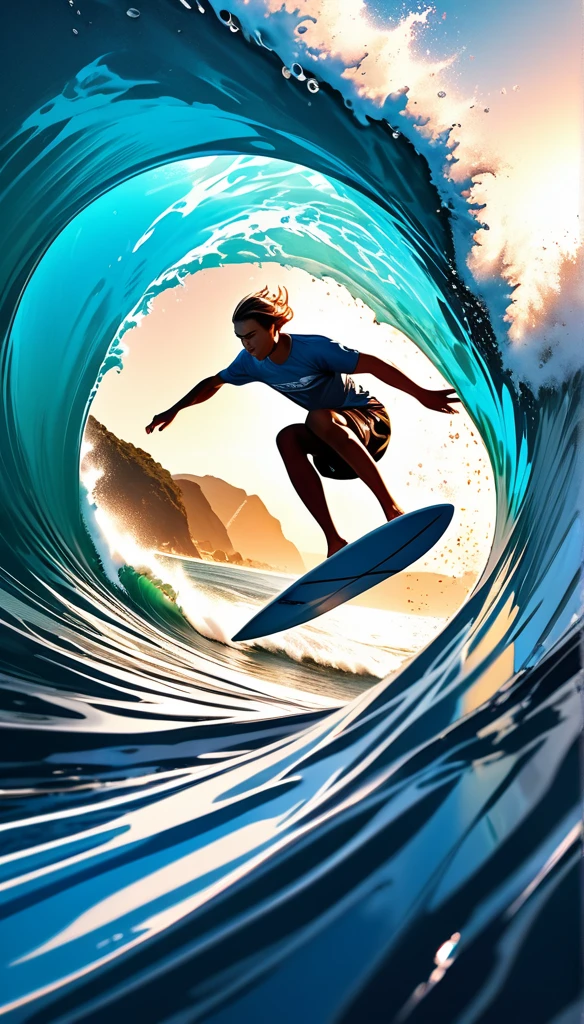 A surfer riding a massive wave, making a acrobaccy,extremely detailed and photorealistic, dynamic sport action, crystal clear ocean water, high contrast full color painting, elaborate sketch-like lines, hyper realistic, ray traced, challenging aesthetic presentation, dynamic motion, dramatic composition, viewer captivating effects, refreshing and breezy atmosphere, alluring surfer, dramatic close-up perspective, high resolution photography, exquisite fine details