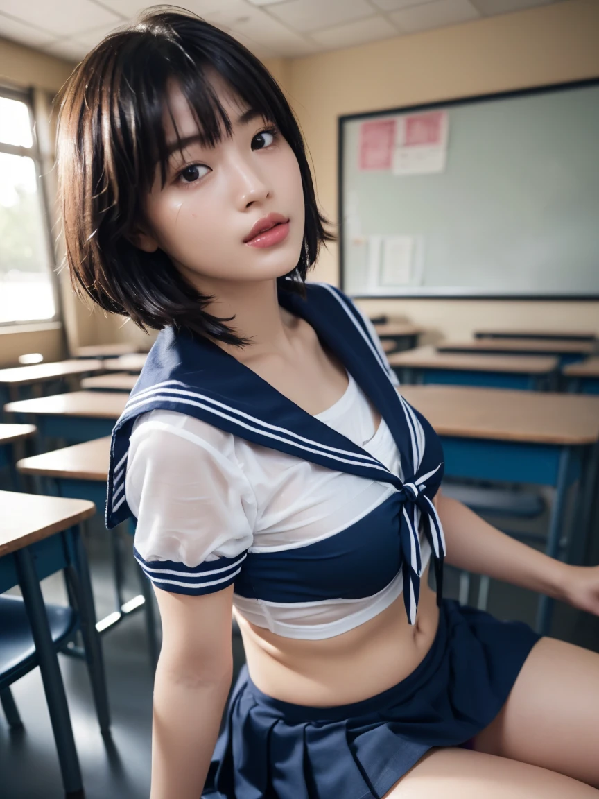 (masterpiece:1.2), Very detailed, Ultra-high resolution, (Realistic, photo Realistic:1.6), High-resolution RAW color photos, Professional photos, Sharp focus:1.2, (Very detailed顔と肌の質感, Very beautiful eyes, Glossのある肌, Glowing Skin, Glowing Skin, Shining Face, Gloss, Oily skin, greasy face, Oily skin, greasy face,),, (real Glossのある肌 texture), Perfect Anatomy, Very detailed背景,(High school classroom),((1 female)),25-year-old woman, Japanese women,height: 168cm,(short hair, Straight hair, bangs, Brown Hair),(Flat Chest:1.6),(Slim, thin legs), ((((Short Sleeve White Sailor School Uni形状、Navy blue pleated skirt:1.5、Sexy bra covered by sailor suit:1.5、Sexy T-panties covered by skirt:1.5))),(Sit at a desk)、((((Wet and sheer sailor suit:1.5))))