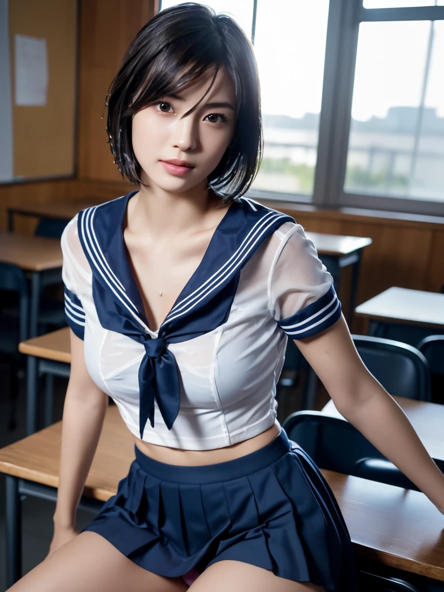(masterpiece:1.2), Very detailed, Ultra-high resolution, (Realistic, photo Realistic:1.6), High-resolution RAW color photos, Professional photos, Sharp focus:1.2, (Very detailed顔と肌の質感, Very beautiful eyes, Glossのある肌, Glowing Skin, Glowing Skin, Shining Face, Gloss, Oily skin, greasy face, Oily skin, greasy face,),, (real Glossのある肌 texture), Perfect Anatomy, Very detailed背景,(High school classroom),((1 female)),25-year-old woman, Japanese women,height: 168cm,(short hair, Straight hair, bangs, Brown Hair),(Flat Chest:1.6),(Slim, thin legs), ((((Short Sleeve White Sailor School Uni形状、Navy blue pleated skirt：1.5、Sexy bra covered by sailor suit:1.5、Sexy T-panties covered by skirt:1.5))),(Sit at a desk)、((((Wet and sheer sailor suit:1.5))))