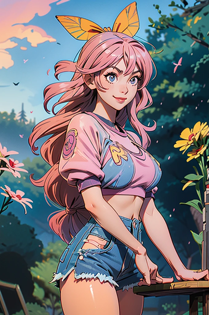 two-dimensional, masterpiece, best quality, Japanese cartoons, Very detailed, 1 girl, alone, cowboy shooting, Nino Nakano, pink hair, butterfly hair accessories, crop top , split, Denim shorts , medium breasts, permanent, School, outdoor, Smile,(huge breasts:1.2),wet skin