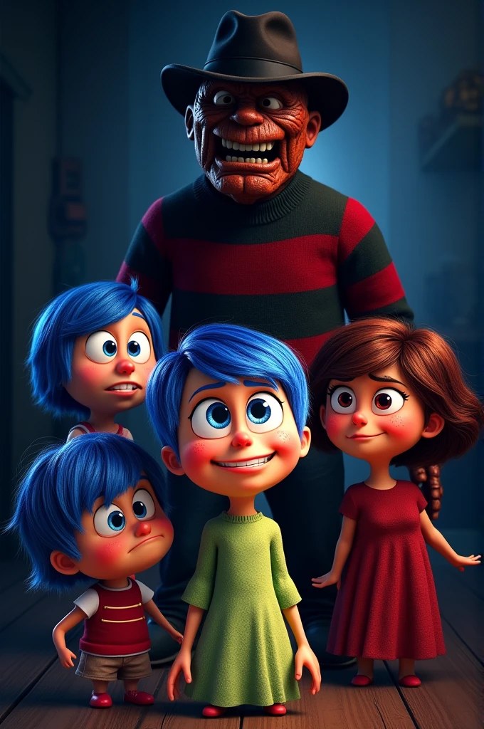 Make an image from the movie Inside Out in which (happiness, sadness, dislike, Fear and Fury) are in the foreground, highlighting its characteristics and expressions. happiness podría estar radiante y llena de energía, sadness con una expresión melancólica, dislike mostrando una mueca de desdén, Fear with a worried face and Fury with an intense and passionate expression.Behind them, Freddy Krueger appears in the shadows, with his characteristic cap, striped sweater and glove with blades. His presence adds an ominous and contrasting air, creating a tension between emotions and the iconic villain. The image could be loaded with contrasts of light and shadow, highlighting the figure of Freddy Krueger as a threat in the background.