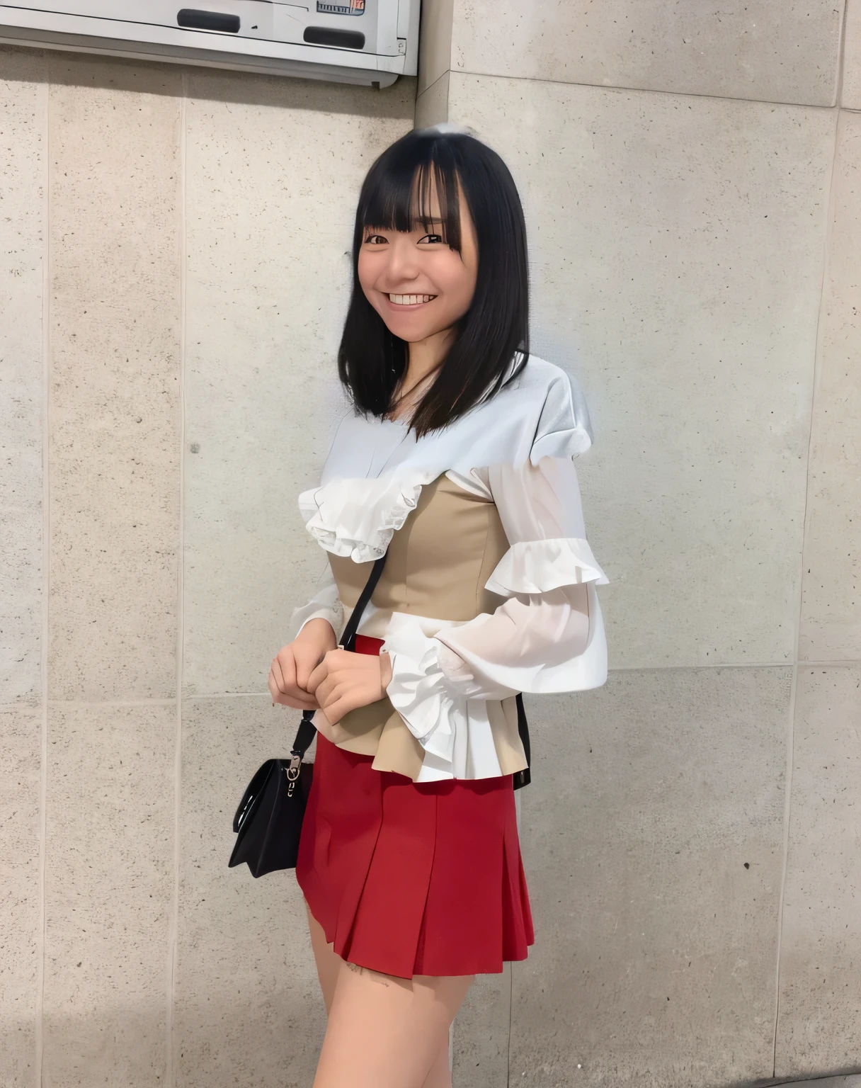 Highest quality,Super detailed,A woman looking at the ticket gate at Shibuya Station,Turn slightly to the side and look at me,White blouse with ruffled sleeves,Red mini skirt,Posing for a photo,She is carrying a cute beige backpack.