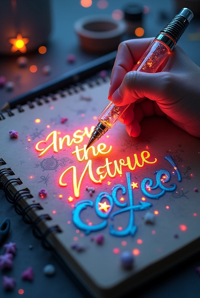 A mesmerizing, hyper-realistic 16K 3D illustration captures a magical moment of pure creativity. A talented artist is masterfully sketching a heartfelt message, "CLASS:y", in a notebook. The text is composed of vibrant, color sepia stars that smoothly transition through the entire spectrum. The artist's hand, holding a transparent pen filled with radiant stars, is detailed exquisitely, symbolizing boundless creativity and imagination. The background is a three-dimensional sketchbook setting with scattered throughout, adding depth and dimension to this captivating, graffiti-inspired scene. The illustration radiates energy, movement, and vibrant colors, making it a true work of art that celebrates creativity and imagination., gra, cinematic, vibrant, graffiti, painting, typography, product, illustration, photo, 3d render, fashion, dark fantasy