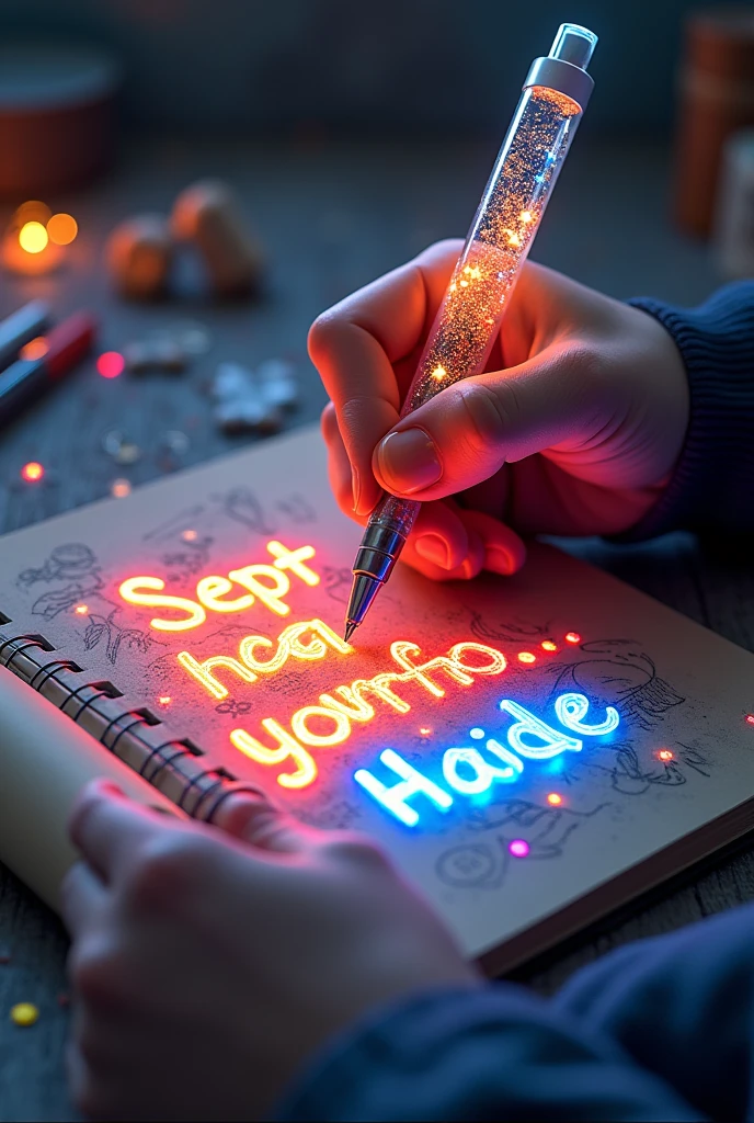 A mesmerizing, hyper-realistic 16K 3D illustration captures a magical moment of pure creativity. A talented artist is masterfully sketching a heartfelt message, "CLASS:y", in a notebook. The text is composed of vibrant, color sepia stars that smoothly transition through the entire spectrum. The artist's hand, holding a transparent pen filled with radiant stars, is detailed exquisitely, symbolizing boundless creativity and imagination. The background is a three-dimensional sketchbook setting with scattered throughout, adding depth and dimension to this captivating, graffiti-inspired scene. The illustration radiates energy, movement, and vibrant colors, making it a true work of art that celebrates creativity and imagination., gra, cinematic, vibrant, graffiti, painting, typography, product, illustration, photo, 3d render, fashion, dark fantasy