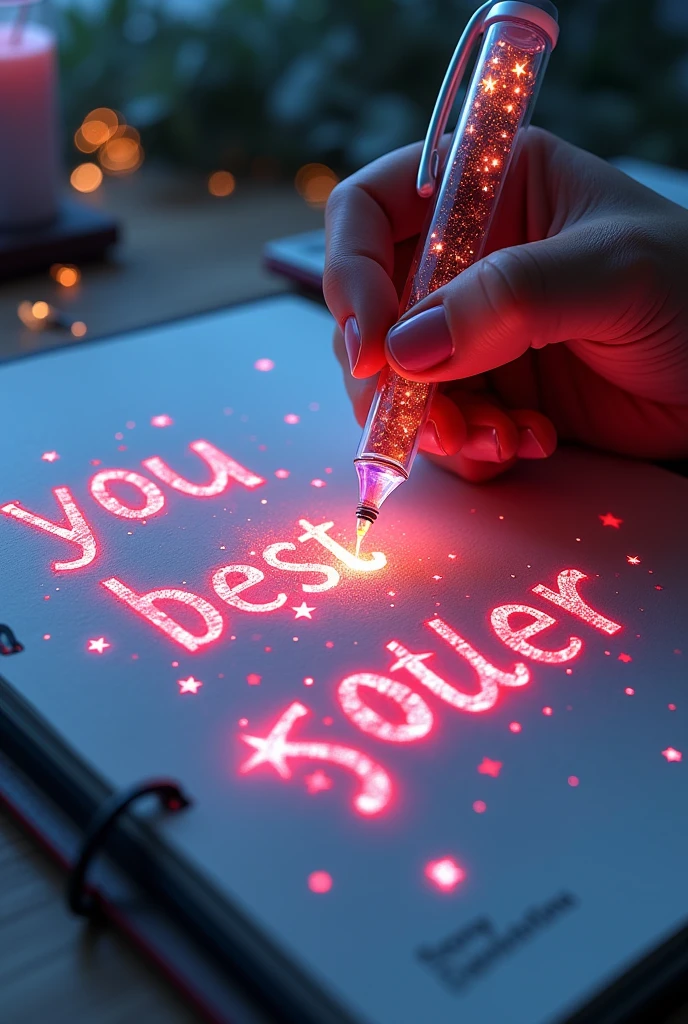 A mesmerizing, hyper-realistic 16K 3D illustration captures a magical moment of pure creativity. A talented artist is masterfully sketching a heartfelt message, "CLASS:y", in a notebook. The text is composed of vibrant, color sepia stars that smoothly transition through the entire spectrum. The artist's hand, holding a transparent pen filled with radiant stars, is detailed exquisitely, symbolizing boundless creativity and imagination. The background is a three-dimensional sketchbook setting with scattered throughout, adding depth and dimension to this captivating, graffiti-inspired scene. The illustration radiates energy, movement, and vibrant colors, making it a true work of art that celebrates creativity and imagination., gra, cinematic, vibrant, graffiti, painting, typography, product, illustration, photo, 3d render, fashion, dark fantasy