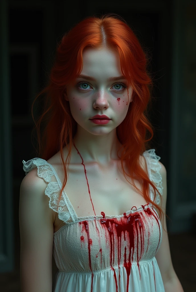 A red-haired white girl with light blue eyes in a beautiful white dress covered in dripping blood 