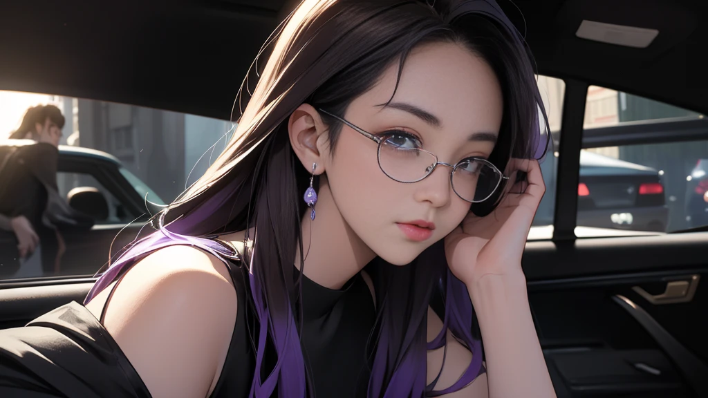 {{night}}, A woman on the left side of the composition, {{carの前で座る女}}、{nightの埠頭}, {{{nightのネオン}}}, super detailed skin, masterpiece:1.4, 8K resolution, ultra HD, symmetric eyes, Brown Hair、car、Beautiful Asian girl with purple hair, Perfect Face, sunglasses, Sleeveless, Neon Black, (Backlight: 1.1), Hard Shadows, masterpiece, Highest quality, Complex, Model shooting style, Vintage, Film Grain, 超精巧なcar, (better hands):1.7, emo, flat breast, 1woman, I don't wear anything on my arm,