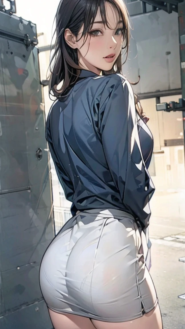 (masterpiece:1.2, Highest quality), (Realistic, photoRealistic:1.4),Beautiful illustrations,(Natural Side Lighting, Cinema Lighting),1 female,Japanese,Mature Woman,Female police officer on patrol,28 years old,Perfect Face, Symmetrical face, Glowing Skin,Random Hairstyles,Big eyes,Sexy Eyes,(smile),(whole body),break((Police Officer Shirt)),((A tight mini skirt made of thin fabric)),(The background is a street corner:1.5),(((Background Blur:1.5))),((Police uniform)),break(((From behind:1.5))),(((Stick your butt out:1.2)))