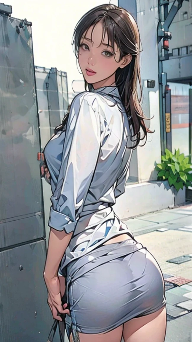 (masterpiece:1.2, Highest quality), (Realistic, photoRealistic:1.4),Beautiful illustrations,(Natural Side Lighting, Cinema Lighting),1 female,Japanese,Mature Woman,Female police officer on patrol,28 years old,Perfect Face, Symmetrical face, Glowing Skin,Random Hairstyles,Big eyes,Sexy Eyes,(smile),(whole body),break((Police Officer Shirt)),((A tight mini skirt made of thin fabric)),(The background is a street corner:1.5),(((Background Blur:1.5))),((Police uniform)),break(((From behind:1.5))),(((Stick your butt out:1.2)))