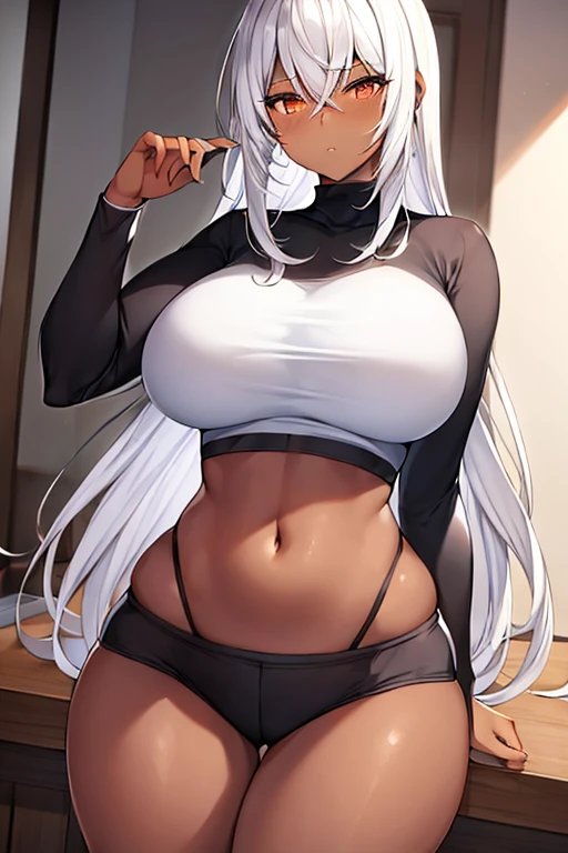 1girl, dark skin, black skin, dark-skinned female, white hair, long hair, large , wide hips, thick thighs, shirt, sportswear, shy, sports bra, hourglass figure, mature , skin tight, tight clothes