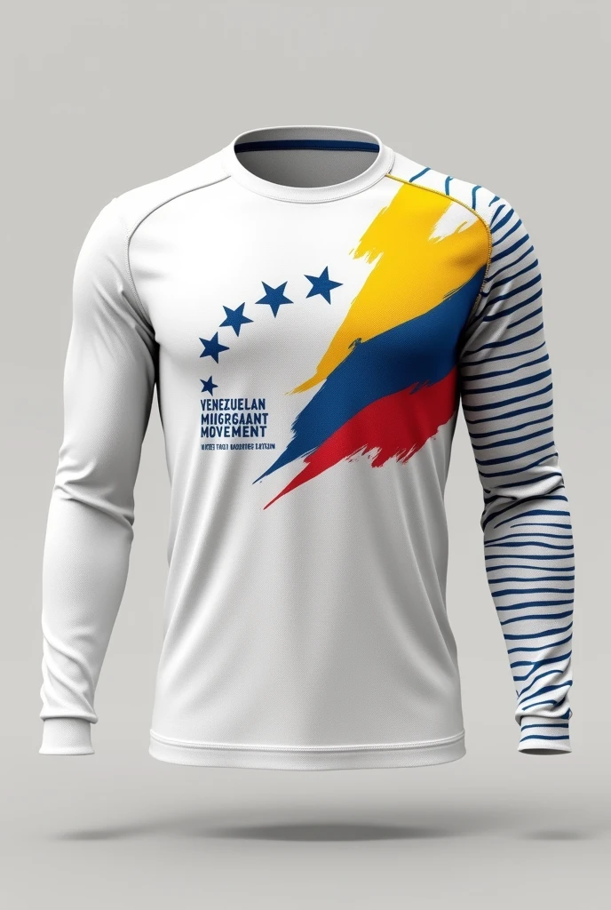 Imagine a Mockup of a white long sleeve sports shirt, that on the right arm it has the colors yellow, blue and red and on the chest it has eight stars and says Venezuelan Migrant Movement and below the motto United for a Dignified Return