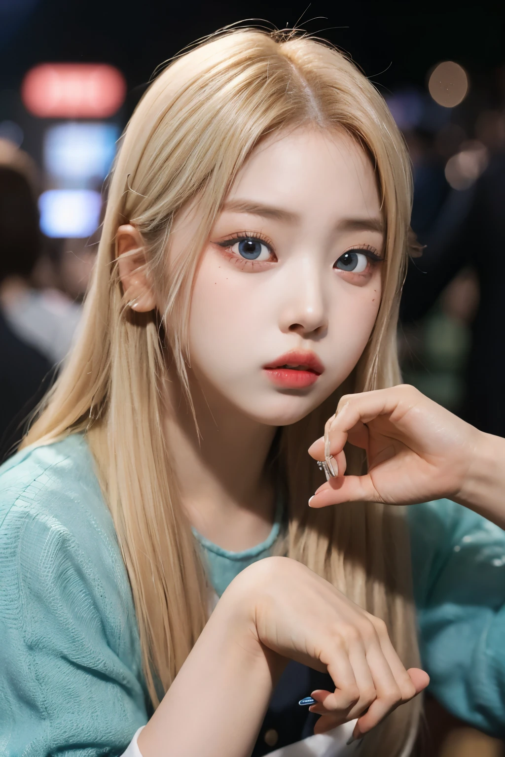 1girl, JIWOO NMIXX , perfect face and eyes, perfect poses, pov hands, surprised, blonde hair, hairy, masterpiece, best quality, highly detailed, solo focus