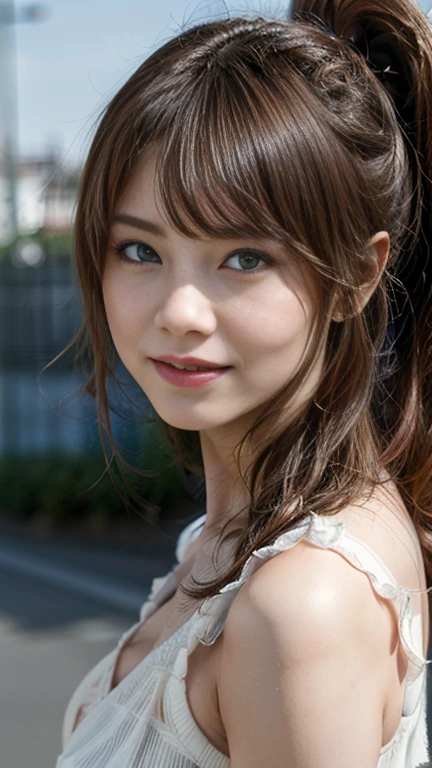 Breathtakingly beautiful face、A breathtakingly beautiful body、Supermodel body type、((Highest quality:1.2, 8k, Sharp focus, masterpiece: 1.2, Natural light, Highly detailed CG, beautiful girl:1.2, reality, Detailed facial textures, Realistic Skin, Beautiful Makeup, Octane Rendering, grow, fine bangs)), (Depth of written boundary), Bokeh Background, Tilt your head, smile, Brown long hair, Side Ponytail, Cowboy Shot, (Tight knit dress), Wind, View your viewers