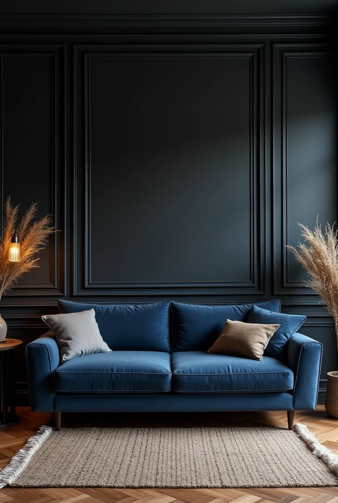 Create a living room with a black wall and brown wooden floor and a navy blue sofa 