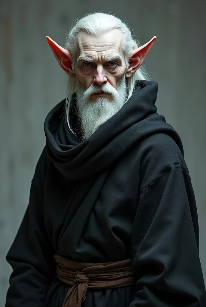 Alabaster skinned elf man, with dark monk robes, white hair,