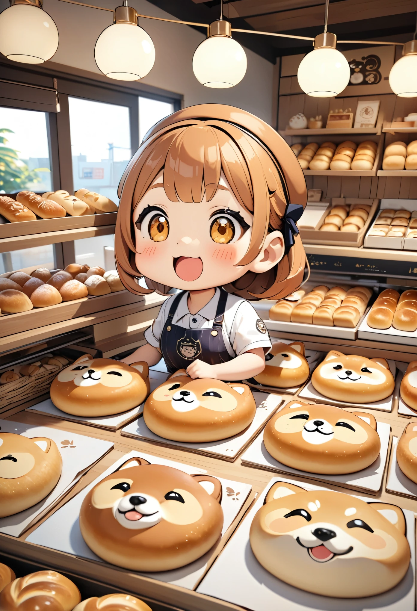 (masterpiece:1.2, Highest quality,Highest quality,Very detailedな:1.2),(Very detailed),(Best illustrations),8k,(Woman working in bakery),(Mr.々Small Shiba Inu character breads with cute expressions are arranged in a square.,Bakery Shop,Deformation,Very simple design),3D drawing
