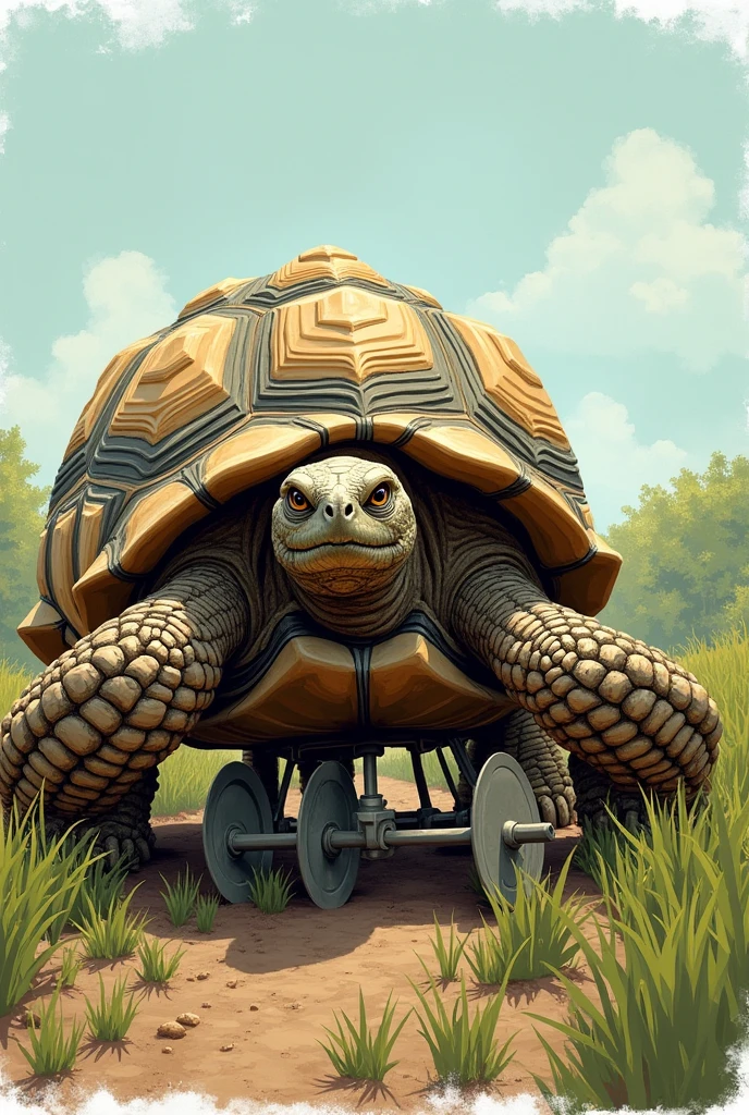 Imagine a robust and determined tortoise, with an expression of effort, dragging a tractor plow harrow. The grid can be the same size with several discs and to look like it is being pulled with difficulty by the tortoise. The setting can be a field or a crop area, highlighting a more side profile image and whether it is a hand-drawn drawing