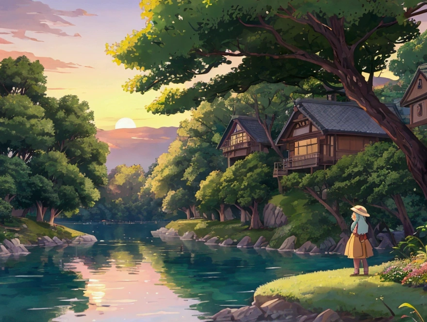 Ghibli-style scenery、Lake shore in the evening、Sunset while fishing、A worried face、１５Year old girl