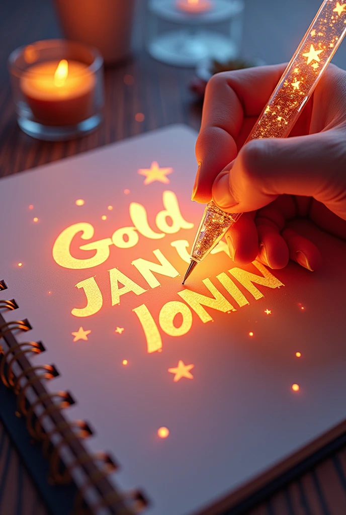 A mesmerizing, hyper-realistic 16K 3D illustration captures a magical moment of pure creativity. A talented artist masterfully sketches a heartfelt message, Gold – Jin – Rm – Suga – Jhope – Jimin – V – Jungkook. ", in a notebook. O texto é composto por Vibrantse, sepia colored stars that transition smoothly across the spectrum. The artist's hand, holding a transparent pen filled with radiant stars, It is exquisitely detailed., symbolizing limitless creativity and imagination. The background is a three-dimensional sketchbook scenery spread throughout, adding depth and dimension to this captivating, gamefite-inspired scene. The illustration radiates energy, motion, and Vibrant colors, making it a true work of art that celebrates creativity and imagination., game, cinematic, Vibrant, gamefite, painting-like, Tipogamefia, Products, illustration, photoshot, 3D rendering, lo fashion, fantasia negame
