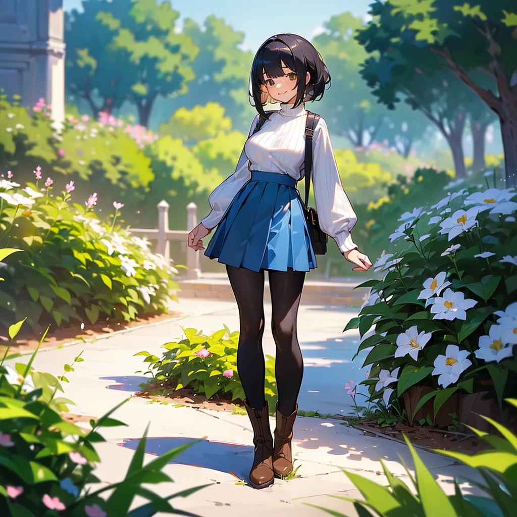 (high quality, High resolution, Very detailed, reality:1.37), Peaceful atmosphere, (Outdoor, garden), Teenage girl standing alone, (my breasts are big.), Beautiful details, Cute Smile, (Black bob hair), Ribbed sweater, Blue Skirt, Black tights, Brown boots.