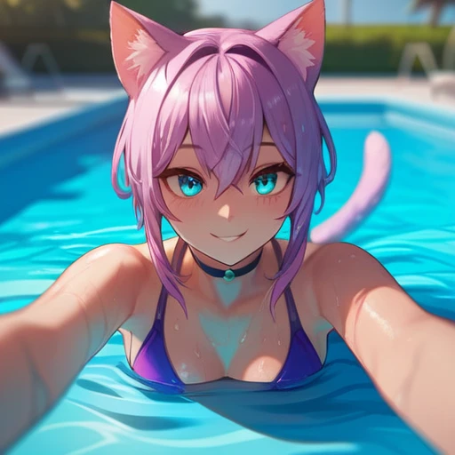 Girl with cat ears on her head, in a slightly transparent purple swimsuit, in pool, flirtatious smile, cyan eyes, hands, 4k, (((Best Quality))), wet, Whole body, perspective above,