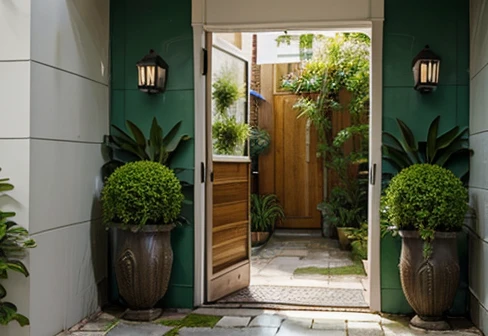 Detailed masterpiece, Create the front of a house entrance, with serene colors, decorated with plants in an urban jungle style , Paint the Wall with Light Textures, revamp the entire image for a modern house construction project