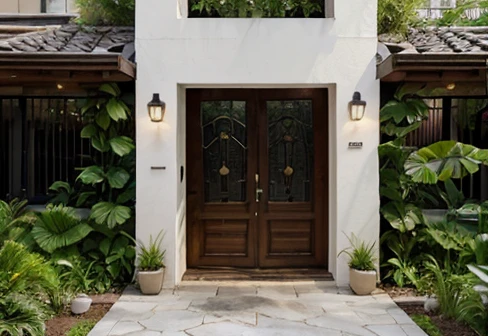 Detailed masterpiece, Create the front of a house entrance, with serene colors, decorated with plants in an urban jungle style , Paint the Wall with Light Textures, revamp the entire image for a modern house construction project