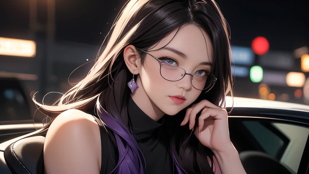 {{night}},　A woman on the left side of the composition, {{carの前で座る女}}、{nightの埠頭}, {{{nightのネオン}}}, super detailed skin, masterpiece:1.4, 8K resolution, ultra HD, symmetric eyes, Brown Hair、car、Beautiful Asian girl with purple hair, Perfect Face, sunglasses, Sleeveless, Neon Black, (Backlight: 1.1), Hard Shadows, masterpiece, Highest quality, Complex, Model shooting style, Vintage, Film Grain, 　超精巧なcar,　(better hands):1.7, emo, flat breast, 1woman, I don't wear anything on my arm,