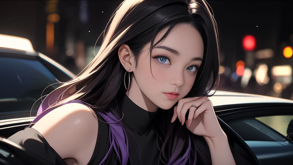 {{night}}, A woman on the left side of the composition, {{carの前で座る女}}、{nightの埠頭}, {{{nightのネオン}}}, super detailed skin, masterpiece:1.4, 8K resolution, ultra HD, symmetric eyes, Brown Hair、car、Beautiful Asian girl with purple hair, Perfect Face, sunglasses, Sleeveless, Neon Black, (Backlight: 1.1), Hard Shadows, masterpiece, Highest quality, Complex, Model shooting style, Vintage, Film Grain, 超精巧なcar, (better hands):1.7, emo, flat breast, 1woman, I don't wear anything on my arm,