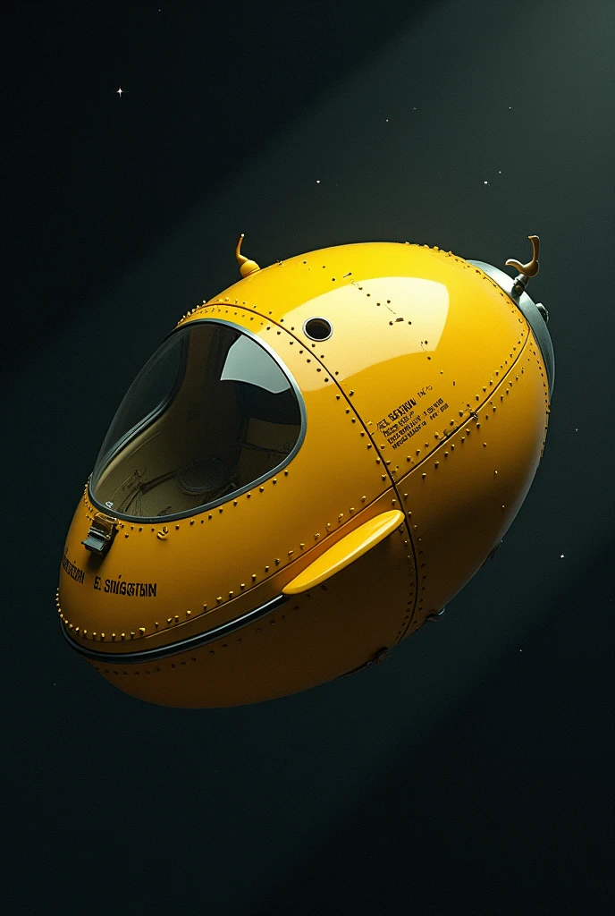A small yellow capsule-type spaceship,1969s Design,Spaceships don't have wings,Riveted surface,There is writing on it,The window is small and a peephole,Has a hook,Spaceship background in space,
