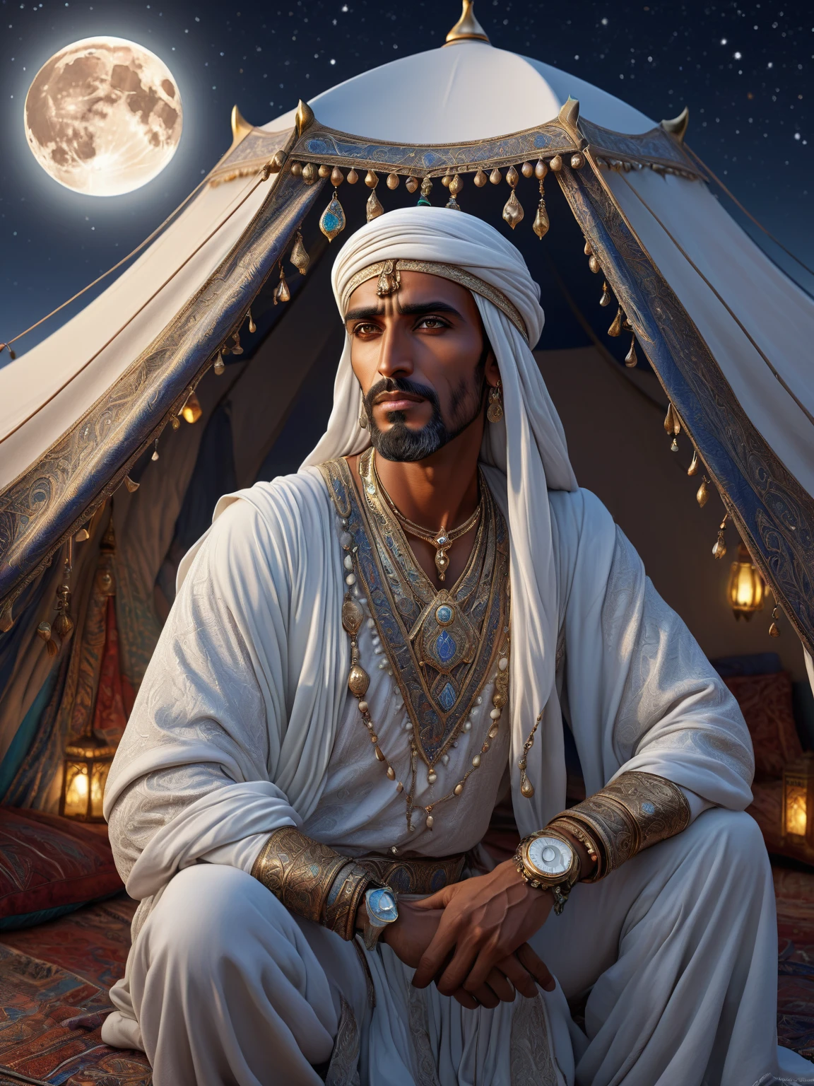 The Charismatic Arabian Merchant, donning white Arabian Desert Outfit at his tent, at bright starry night, big silverish detailed full moon, insanely detailed and intricate, ornate, cinematic photo realistic digital artwork of Don Lawrence, Professional lightroom color grading by Kenneth Hines Jr., artistic style director by Tim Burton, trending on artstation, sharp focus, studio photo, intricate details, highly detailed, by greg rutkowski