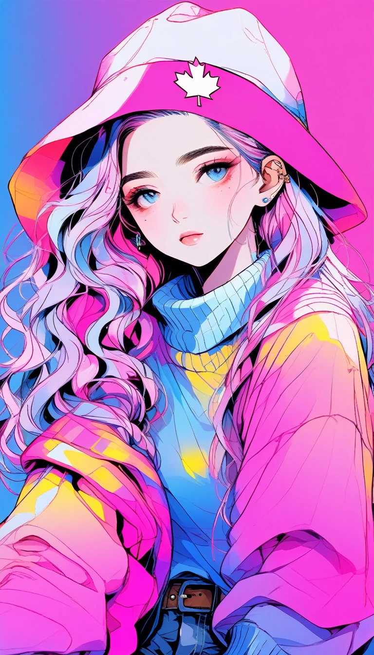 (best quality:0.8), (best quality:0.8), perfect illustration((masterpiece, best quality)), japanese cartoon movies , realistic ,sketch , 1 girl, cowboy shot, sweater, sit down, glitter, blue gradient background, Neon Hair, Texture Trim, Canadian,