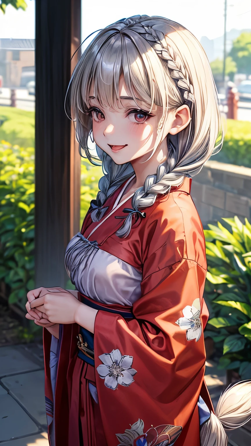 25 years Japanese placid and tidy lady ((very small breast, slender)),smooth curly hair((short Dutch braid without tails, pixie hair:1.4))((much shaggy forelock,straight shaggy back hair)),silver hair (( blue highlight hair )), wear yukata((various flowers patterns ))((deep red cloth:1.3))((not show her breast)), one of her hand is on her forehead ((horizontal)), feeble and inhibited atmosphere, eyelashes, droopy and feeble black eyes, clunky smile ,tongue out, ((face focus:1.2)),best quality