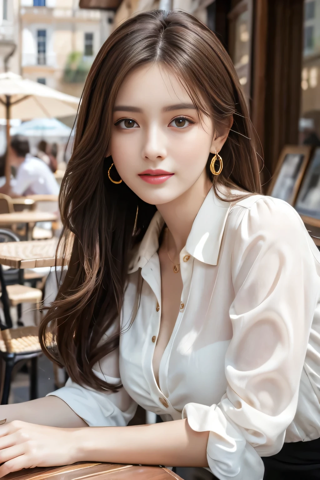masterpiece, Highest quality, Realistic, Very detailed, Finer details, High resolution, 8k wallpaper, One beautiful woman,Wear a nice blouse, On the terrace of a lovely cafe, at noon, Light brown messy hair, Perfect dynamic composition, Beautiful and beautiful eyes、Big earrings