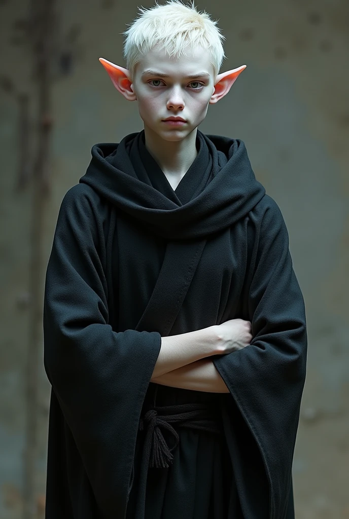 Alabaster skinned young elf man, with dark monk robes, white hair,