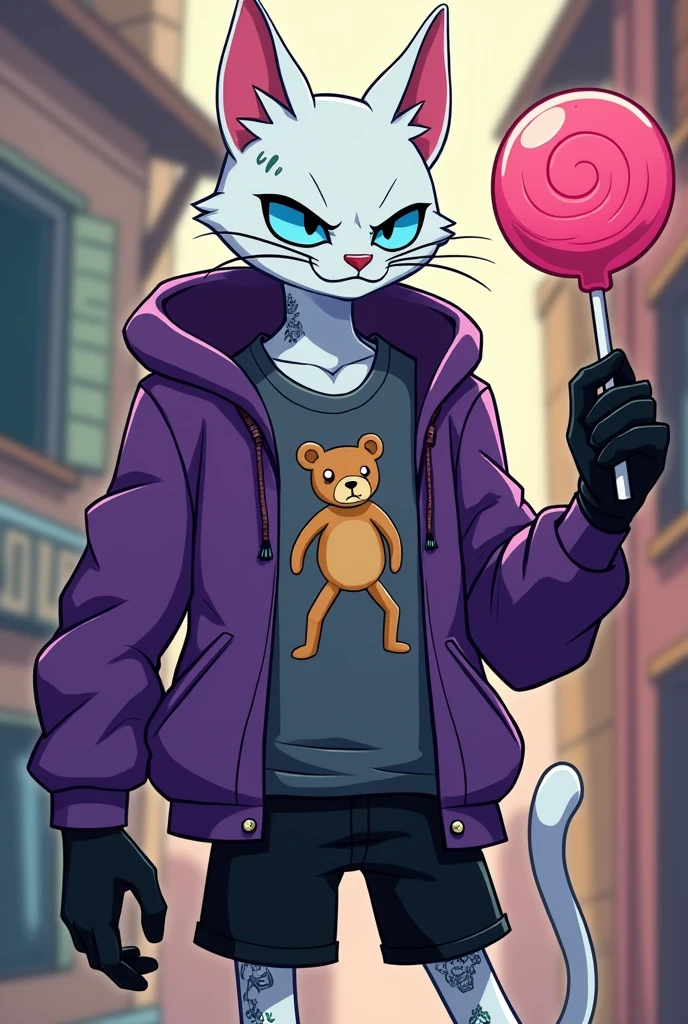 create a skinny male white humanoid cat, with a scar on her face, wearing an open purple sweatshirt and a gray t-shirt, with teddy bear print, black gloves, A pair of black shorts, light blue eyes with an angry expression, crazy face, he has some tattoos on his body, carrying a giant lollipop, O estilo de arte deve ser o estilo Cartoon Adventure Time