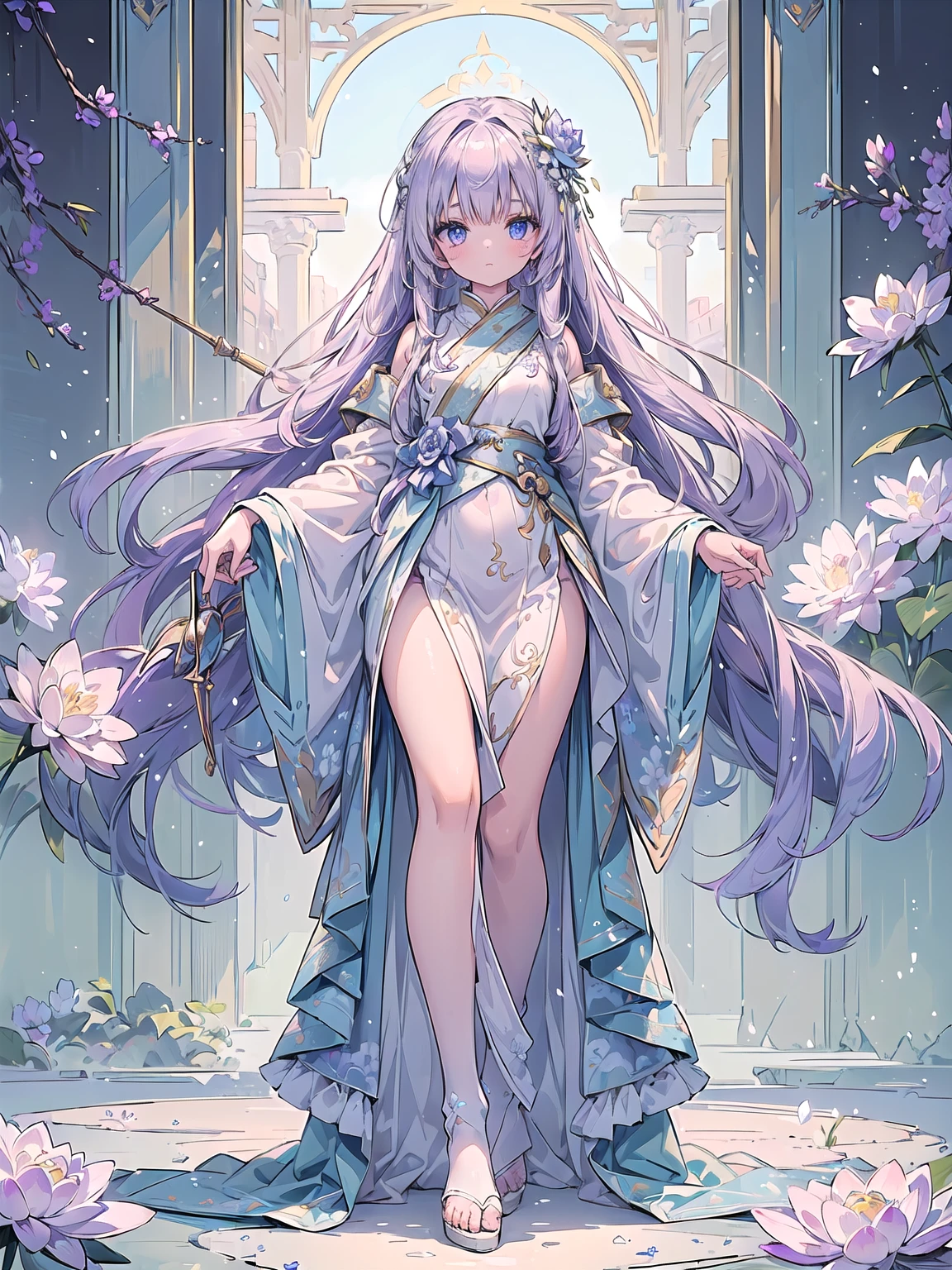 (((masterpiece, best quality, high detailed, 16k))) (1girl) A serene and graceful healer with long, flowing lavender hair and gentle blue eyes. She is draped in soft, flowing robes of white and pastel purple, embroidered with delicate floral patterns. Her hands emit a soft, healing glow, and she carries a staff topped with a blooming lotus flower. ((full body view))